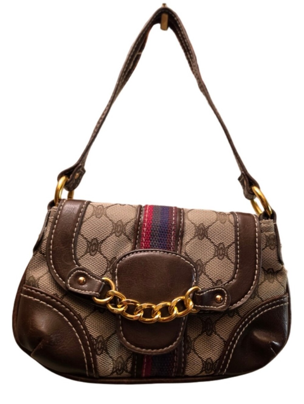 Y2K Monogram Mini Baguette Shoulder Bag Brown Gold Chain Preppy